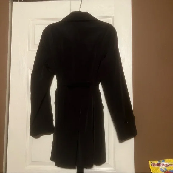 London Fog Long Black Wrap Coat Button down waist tie trench size large - Picture 8 of 11